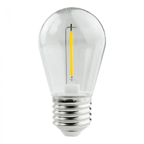 Żarówka LED KULKA filament E27, 0,3W, 3V, z przezroczystą szklaną kopułą i widocznym żarnikiem w kolorze żółtym. Stojąca w pozycji pionowej, idealna do girland solarnych, emitująca ciepłe białe światło.