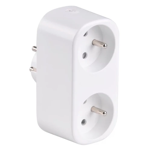 Gniazdo podwójne Smart WiFi Tuya w kolorze białym, z dwoma otworami na wtyczki. Ujęte z boku, z widoczną wtyczką. Idealne do zdalnego sterowania urządzeniami elektronicznymi.