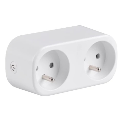 Podwójne gniazdo sterowane telefonem Smart WiFi Tuya w kolorze białym. Produkt ma dwa gniazda z metalowymi stykami oraz przycisk z boku. Ujęcie z boku pokazuje prostokątny kształt oraz gładką, matową powierzchnię.