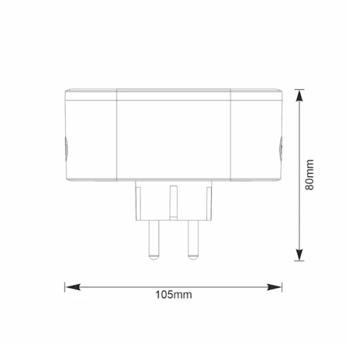 Podwójne gniazdo sterowane telefonem Smart WiFi Tuya o wymiarach 105 mm x 80 mm. Rysunek techniczny.