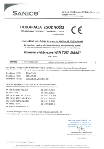 Gniazdo elektryczne podwójne WiFi Tuya, w kolorze białym, z oznaczeniem CE, z maksymalnym obciążeniem 16A/3680W. Deklaracja zgodności