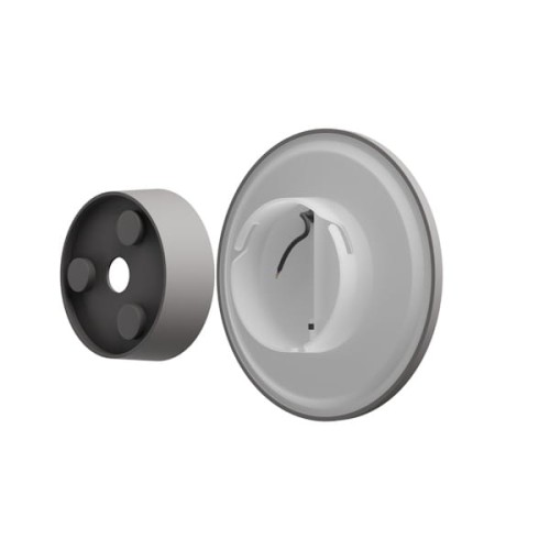 Okrągła oprawa PIATTA 12W 230V IP44 w kolorze szarym o średnicy 180 mm i wysokości 47 mm. W zestawie widoczna część montażowa z trzema otworami. Produkt leżący na białym tle, ukazujący jego detale i konstrukcję.