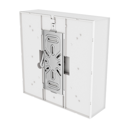 Oprawa sześcienna SCATOLLO 20W 230V IP54 w kolorze białym, o wymiarach 250x250x75 mm, z metalową częścią mocującą. Ujęcie z boku, ukazujące otwarte klapki. Przeznaczona do użytku wewnętrznego i zewnętrznego.