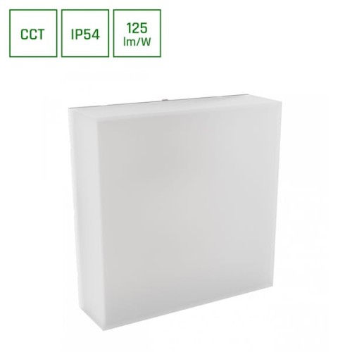 Oprawa sześcienna SCATOLLO 20W, biała, o wymiarach 250x250x75 mm, z klasą szczelności IP54. Prosty, kwadratowy kształt z matową powierzchnią, widoczne oznaczenia CCT oraz 125 lm/W w lewym górnym rogu.