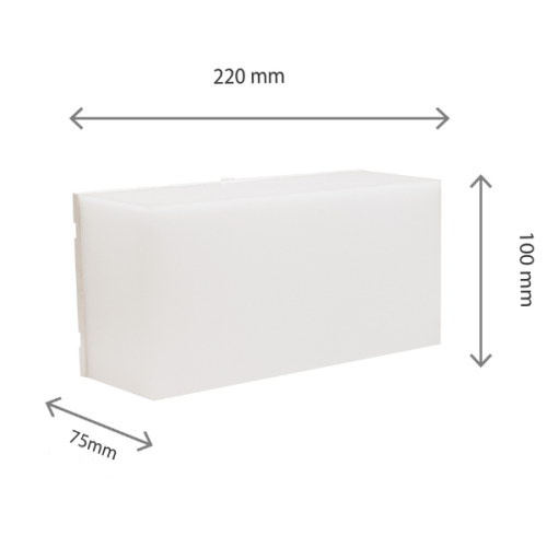 Oprawa sześcienna SCATOLLO w kolorze białym, o wymiarach 220x100x75 mm, wykonana z materiału odpornego na warunki atmosferyczne (IP54). Ujęcie z boku, ukazujące prostokątny kształt i gładką powierzchnię.