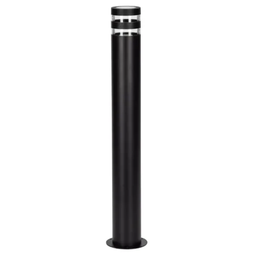 Lampa ogrodowa słupek RINO 74 cm, okrągła, czarna, wykonana z metalu. Posiada dwa metalowe pierścienie oraz przezroczysty element na górze. Ustawiona pionowo na podstawie, idealna do oświetlenia przestrzeni zewnętrznych.