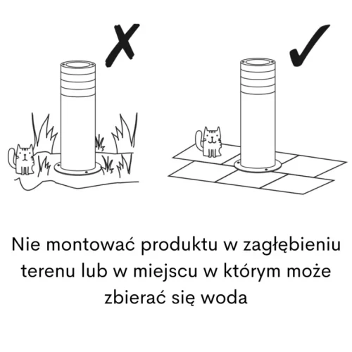 Lampa ogrodowa słupek RINO o wysokości 44 cm, okrągła, czarna. Instrukcja montażu z rysunkami: nie montować w zagłębieniach terenu, aby uniknąć zbierania się wody. Widoczne rysunki z kotem w towarzystwie lampy.