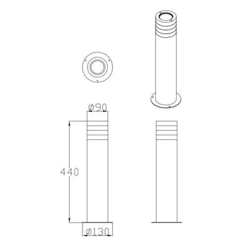 Lampa ogrodowa słupek RINO 44 cm w kolorze czarnym, okrągła, z górnym otworem na żarówkę E27. Rysunek techniczny.
