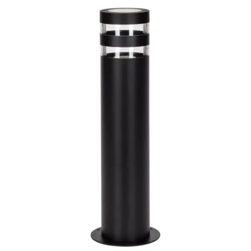Lampa ogrodowa słupek RINO o wysokości 44 cm, okrągła, w kolorze czarnym. Wykonana z metalu z przezroczystymi elementami. Ustawiona pionowo, z widocznym górnym kloszem. Stabilna podstawa, idealna do oświetlenia przestrzeni zewnętrznej.
