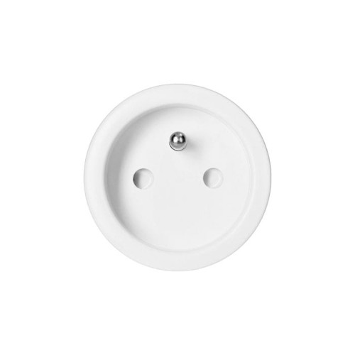 Gniazdo elektryczne Smart WiFi TUYA w kolorze białym, okrągłe, z widocznymi dwoma otworami na wtyczkę oraz metalowym stykem. Ujęcie frontalne, produkt przeznaczony do zdalnego sterowania przez telefon.