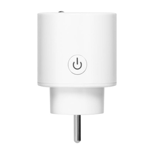 Gniazdo elektryczne Smart WiFi TUYA w kolorze białym, z przyciskiem włącz/wyłącz. Produkt przedstawiony z przodu, z widocznym metalowym bolcem do podłączenia. Kompaktowy design, idealny do sterowania urządzeniami przez telefon.