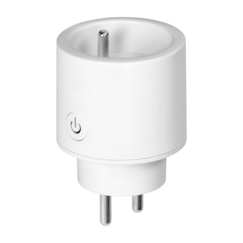 Gniazdo elektryczne Smart WiFi TUYA w kolorze białym, z przyciskiem włącz/wyłącz, z widocznymi dwoma stykami. Ujęcie z boku, pokazujące prosty, cylindryczny kształt i gładką fakturę. Idealne do zdalnego sterowania urządzeniami elektrycznymi.