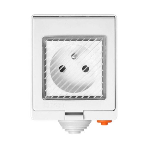 Gniazdo pojedyncze natynkowe IP55 Smart WiFi Tuya w kolorze szarym, z widoczną wtyczką trzypinową, umieszczone w prostokątnej obudowie z wytłoczonymi liniami. Elementy sterujące umieszczone z boku.