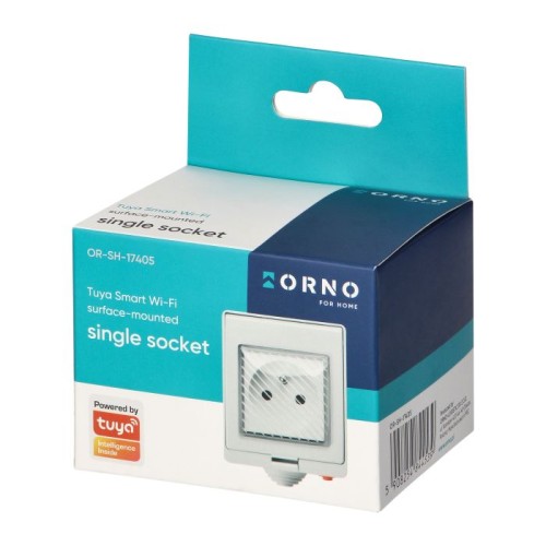 Gniazdo pojedyncze natynkowe ORNO, szare, z funkcją sterowania przez WiFi. Widoczne logo Tuya, a także napis single socket. Produkt umieszczony w kartonowym opakowaniu z widocznym otworem do zawieszenia.