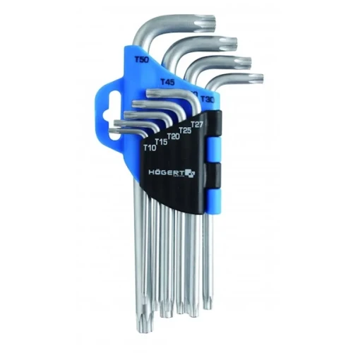 Komplet 9 kluczy Torx w rozmiarach od T10 do T50, umieszczony w niebieskiej podstawie. Klucze mają srebrną, metalową powierzchnię, z oznaczeniami rozmiarów na czarnej części uchwytu. Ułożone w pozycji stojącej.