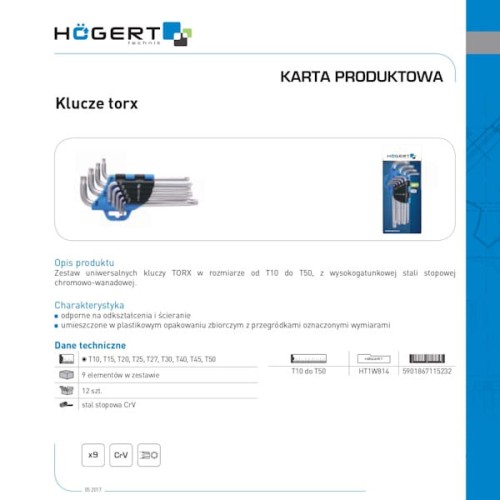 Zestaw 9 kluczy Torx w rozmiarach od T10 do T50. Klucze wykonane z wysokogatunkowej stali stopowej, umieszczone w plastikowym opakowaniu z przegrodami. Ułożone w pozycji stojącej, z widocznymi numerami rozmiarów na każdym kluczu.