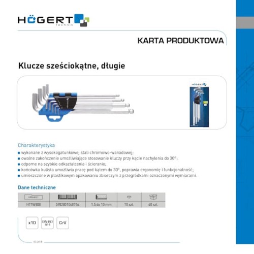 Komplet kluczy sześciokątnych z kulką długie SW 1,5-10mm 9 szt. - HT1W808