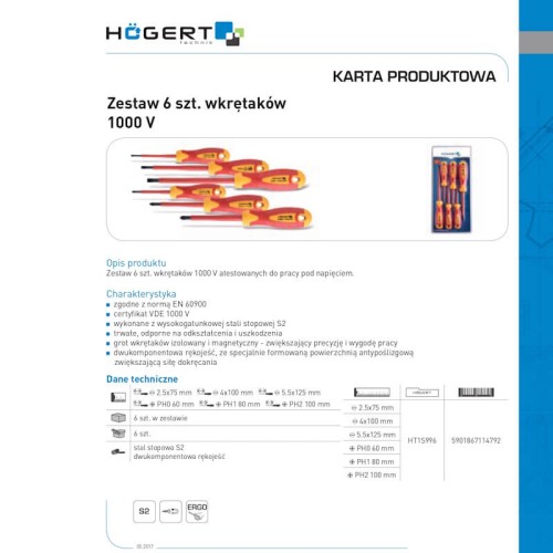 Zestaw 6 wkrętaków izolowanych 1000V, wykonanych ze stali stopowej S2. Rysunek techniczny.