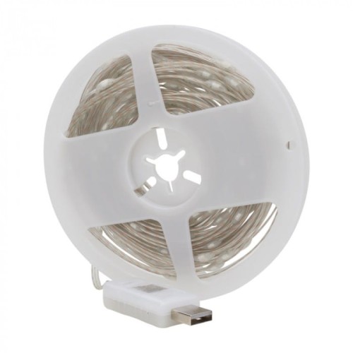 Taśma LED RGB o długości 10 m, zasilana przez USB, w białym opakowaniu. Przeznaczona do użytku wewnętrznego i zewnętrznego (IP65). Widoczne kable i spoiwa, wirujący design w formie rolki, umożliwiający łatwe przechowywanie i montaż.