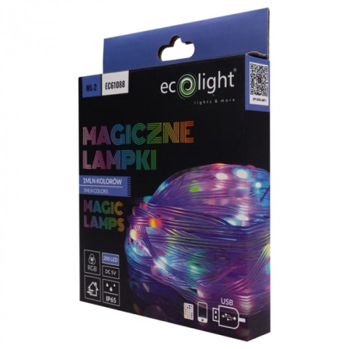 Magiczne lampki taśma LED 200 4W RGB IP65 10m w opakowaniu. Widoczne napisy MAGICZNE LAMPKI i 1MLN KOLORÓW. Taśma LED z 200 diodami, funkcja RGB, zasilanie DC 5V, odporność IP65, podłączenie przez USB. Kolorowe diody w różnych odcieniach.