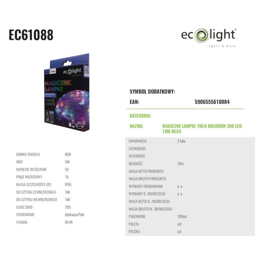 Magiczne lampki taśma LED 200, 10m, RGB, IP65. Produkt w kolorowym opakowaniu, z widocznymi napisami. Taśma elastyczna, idealna do dekoracji wnętrz. Ujęcie frontalne, widoczne szczegóły, takie jak długość i informacje techniczne.