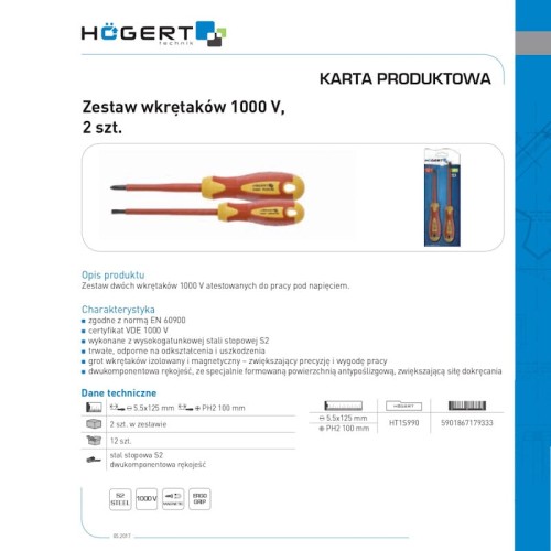 Komplet dwóch wkrętaków izolowanych 1000V, z rękojeściami w kolorze czerwono-żółtym, wykonanych ze stali stopowej S2. Ujęcie frontalne, wkrętaki leżą obok siebie, z widocznymi końcówkami PH 100 mm i S2.
