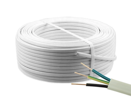 Przewód YDYp 3x2,5 450/750V w postaci krążka o długości 5 m. Widoczny biały izolowany kabel z trzema żyłami w kolorze zielonym, żółtym i czarnym, z odsłoniętymi końcówkami. Przewód ułożony w poziomie, lekko skręcony.