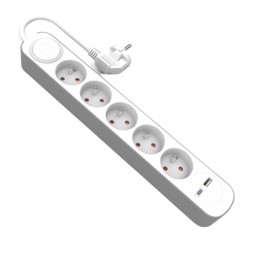Przedłużacz o długości 3 m z pięcioma gniazdami, przyciskiem włączania oraz dwoma gniazdami USB A i USB C. Produkt w kolorze białym, leżący na płaskiej powierzchni, z widocznym przewodem i wtyczką.