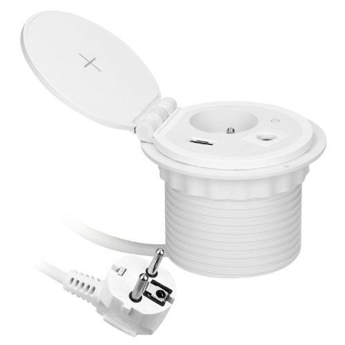 Gniazdo meblowe wpuszczane w blat, białe, z otwieraną pokrywką. Zawiera ładowarkę indukcyjną, port USB oraz przewód z wtyczką o długości 1,8 m. Widok z boku, ukazujący detale i kształt gniazda.