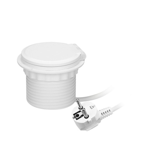 Gniazdo meblowe wpuszczane w blat, białe, z zamknięciem na pokrywę. Wyposażone w ładowarkę indukcyjną, port USB oraz przewód o długości 1,8 m. Ujęcie frontalne, produkt leżący na białym tle.