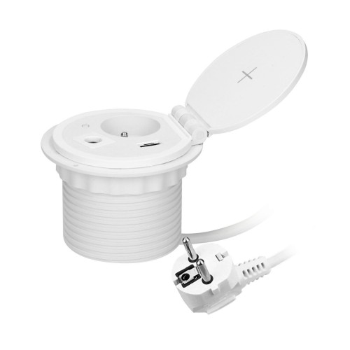 Gniazdo meblowe wpuszczane w blat w kolorze białym, z pokrywą, ładowarką indukcyjną, portem USB oraz przewodem o długości 1,8 m. Ujęcie z boku, pokazujące szczegóły konstrukcji i otwarte wieko. Design funkcjonalny, idealne do nowoczesnych wnętrz.