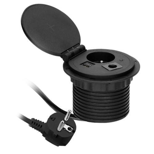 Gniazdo meblowe wpuszczane w blat, czarne, z pokrywą, wyposażone w ładowarkę indukcyjną, port USB oraz przewód zasilający o długości 1,8 m. Produkt w pozycji stojącej, z widocznym otworem na ładowanie i przyciskiem.
