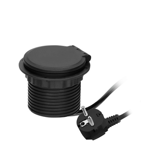 Gniazdo meblowe wpuszczane w blat w kolorze czarnym, z pokrywą na zawiasach. Posiada ładowarkę indukcyjną, port USB oraz przewód z wtyczką o długości 1,8 m. Ujęcie z boku, ukazujące detale i kształt produktu.