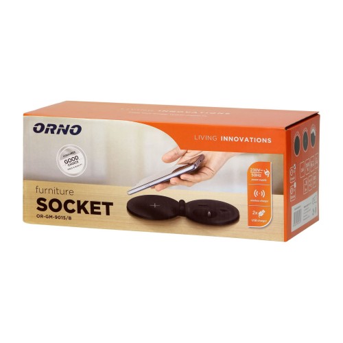 Gniazdo meblowe wpuszczanne w blat z ładowarką indukcyjną, ładowarką USB i przewodem 1,8m - OR-GM-9015/B