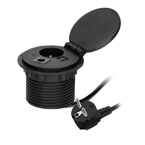 Gniazdo meblowe wpuszczane w blat w kolorze czarnym, z otwieraną pokrywą. Wyposażone w ładowarkę indukcyjną, port USB oraz przewód o długości 1,8 m. Widoczne elementy: otwór na ładowarkę, dwa porty USB oraz wtyczka.