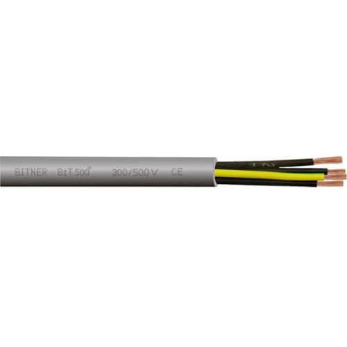 Przewód sterowniczy BiT 500 5x1,5, szary, z widocznymi pięcioma żyłami: czarną, brązową, niebieską, żółto-zieloną i dodatkową brązową. Oznaczenia: BITNER BiT 500 300/500V CE na izolacji. Produkt leżący poziomo.
