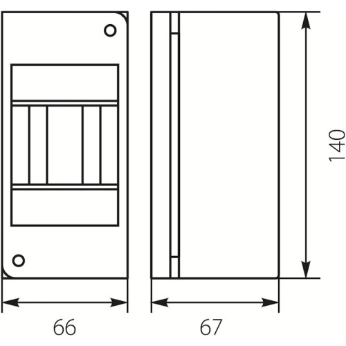 Rozdzielnica modułowa S3 RNO 3 bez drzwi, wymiary 140 mm wysokości, 66 mm szerokości i 67 mm głębokości. Rysunek techniczny.