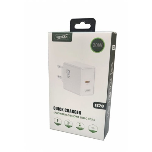 Biała ładowarka sieciowa USB-C 20W Linear FZ20 w opakowaniu. Na froncie widoczny napis QUICK CHARGER oraz ikony wskazujące funkcje. Opakowanie z uchwytami, z boku oznaczenie 20W. Prosta grafika na tle białym i zielonym.