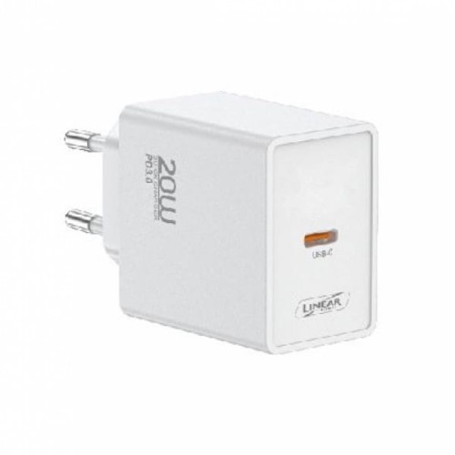 Ładowarka sieciowa USB C 20W w kolorze białym. Prosty, kwadratowy kształt z widocznym portem USB-C i oznaczeniem 20W. Ujęcie z boku, z wtyczkami na górze. Logo Linear umieszczone na dolnej części obudowy.