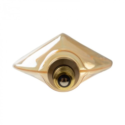 Żarówka LED o kształcie diamentu w bursztynowym kolorze, gniazdo E27, moc 4W, średnica 130 mm, emituje ciepłe białe światło o temperaturze 1800K. Widok od dołu, ukazujący gwint i detale konstrukcji.