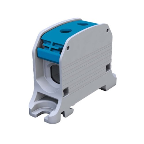 Złączka STB 50 w kolorze niebieskim, wykonana z materiału AL/CU, przeznaczona do przewodów o przekroju 6-50 mm². Produkt widoczny z boku, z otworami na górze i podstawą do montażu na szynie TS35, z teksturowaną powierzchnią.