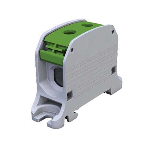 Złączka STB 50 w kolorze zielonym, przeznaczona do przewodów AL/CU o średnicy 6-50 mm². Produkt ma prostokątny kształt, z dwoma otworami na górze oraz mocowaniem TS35. Widoczne są teksturowane boki i zaokrąglone krawędzie.