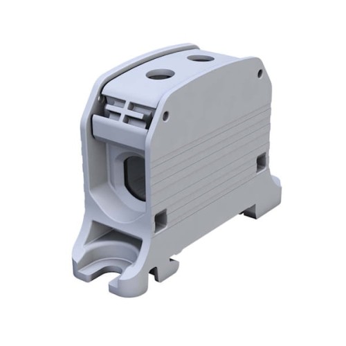 Złączka STB 50 w kolorze szarym, wykonana z materiału AL/CU, przeznaczona do przewodów 6-50 mm². Ujęcie frontalne, produkt stojący, z widocznymi otworami do podłączeń oraz szczeliną na zacisk. Prosta konstrukcja, idealna do montażu na szynach TS35.