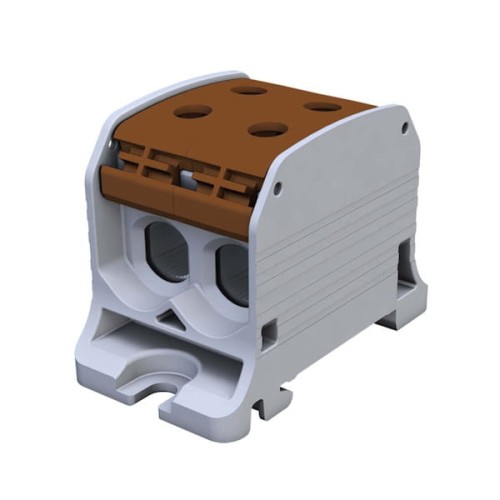 Złączka STB 50-2 w kolorze brązowym, wykonana z materiału AL/CU, przeznaczona do przewodów o przekroju 6-50 mm². Produkt ma prostokątny kształt z widocznymi otworami montażowymi na górze. Ujęcie frontalne.