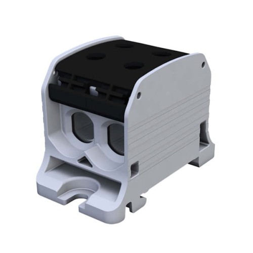 Złączka STB 50-2 w kolorze czarnym i białym, wykonana z materiałów AL/CU, przeznaczona do przewodów o przekroju 6-50 mm². Produkt ma prostokątny kształt, z górną częścią z czarnym pokryciem i widocznymi otworami do podłączenia.