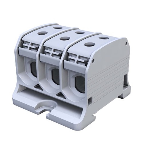 Złączka STB 50-3 w kolorze szarym, przeznaczona do przewodów o przekroju 6-50 mm². Posiada trzy gniazda z otworami montażowymi oraz stabilną podstawę. Produkt widoczny z przodu, ukazujący detale konstrukcji i wykończenia.