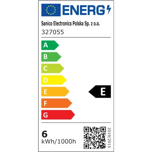 Etykieta energetyczna żarówki LED GX53 230V 6W, z oznaczeniem klasy efektywności energetycznej E. Widoczne skale A-G z zielonymi i żółtymi strzałkami oraz informacją o zużyciu 6 kWh na 1000 godzin.