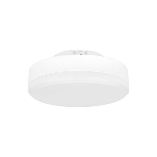 Żarówka LED GX53 230V 6W w neutralnej białej obudowie, okrągła, z przezroczystą krawędzią, zamontowana na płaskim podłożu, idealna do oświetlenia wnętrz. Tło zdjęcia jest jednolite, co podkreśla jej kształt i kolor.