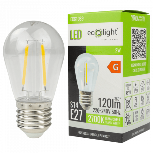 Żarówka LED filament E27 2W ciepła biała Plastik - EC61089