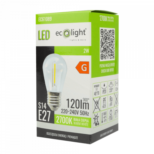 Żarówka LED filament E27 2W w ciepłej białej barwie (2700K), o mocy 120 lm, w opakowaniu. Widoczna żarówka z przezroczystym szkłem, charakterystycznym filamentem i oznaczeniem energetycznym G. Opakowanie w kolorze zielonym z informacjami technicznymi.